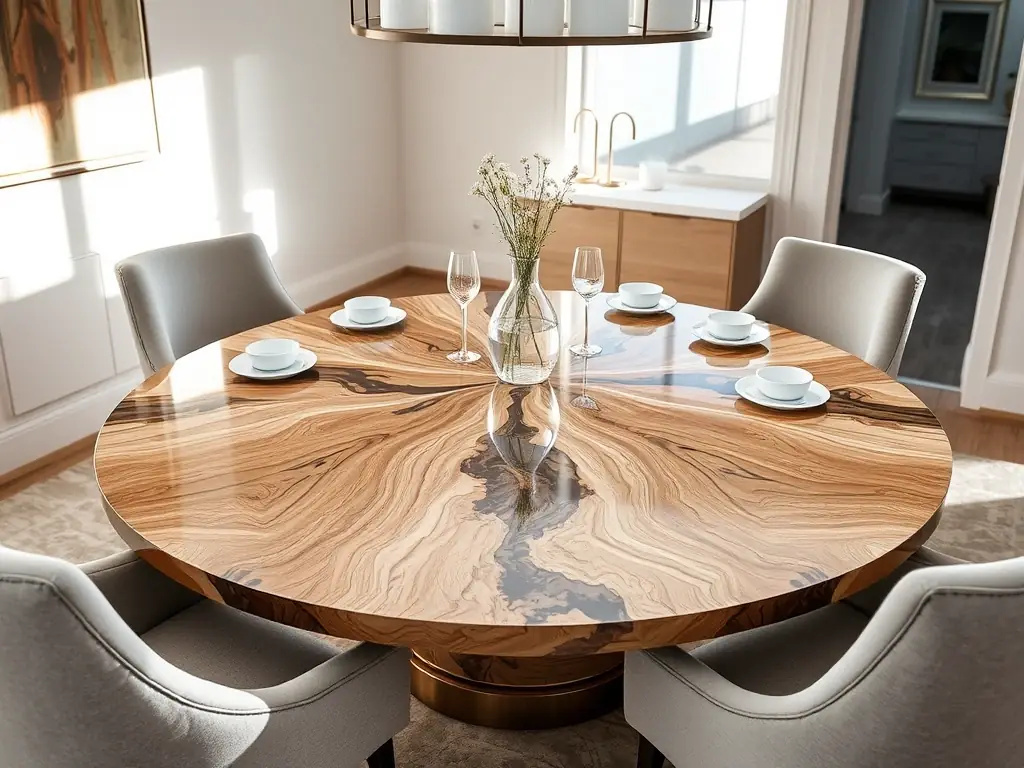 An image of a round epoxy-wood dining table with a geometric resin design, set in a well-lit dining room. The table is surrounded by comfortable chairs and elegant tableware.