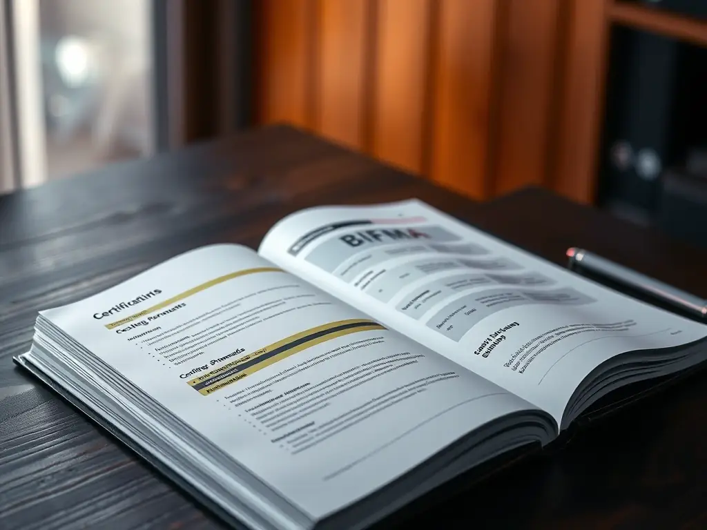 A professional photograph showcasing a detailed BIFMA certification guide for epoxy-wood furniture, highlighting key testing parameters and compliance standards.
