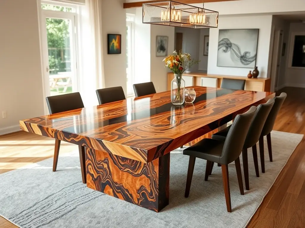 A high-resolution image showcasing a bespoke epoxy-wood dining table with intricate resin fire effects and custom inlays, set in a modern dining room.