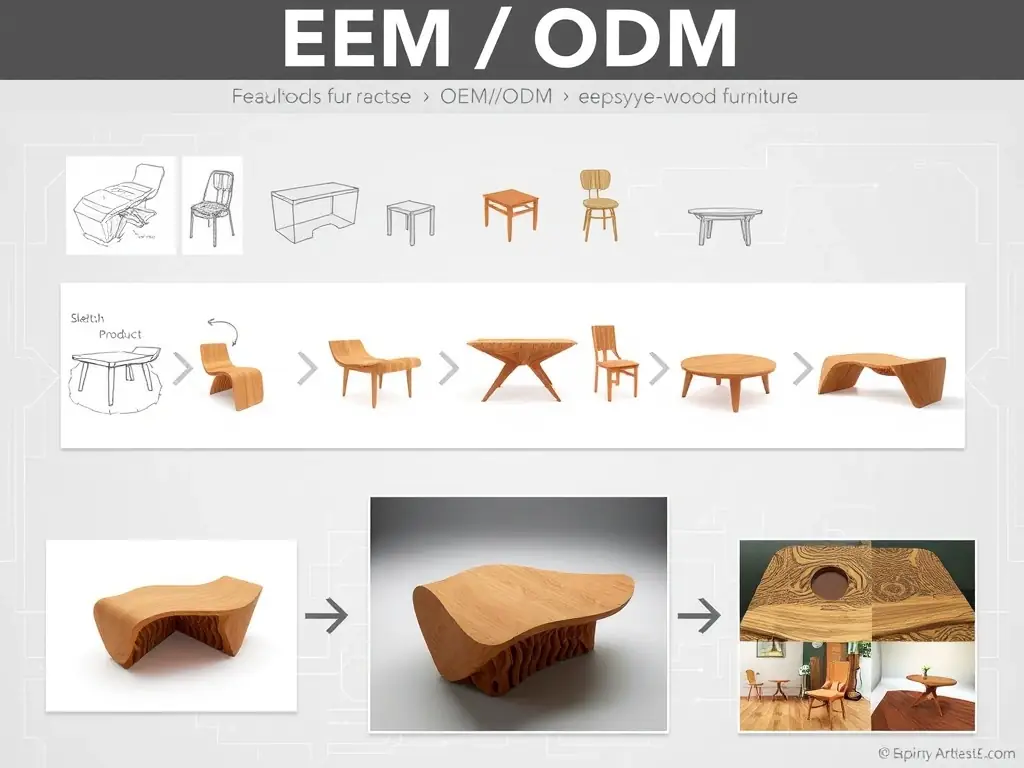 A digital rendering illustrating the OEM/ODM process for a custom-designed epoxy-wood coffee table, showcasing the various stages from initial concept to final product.