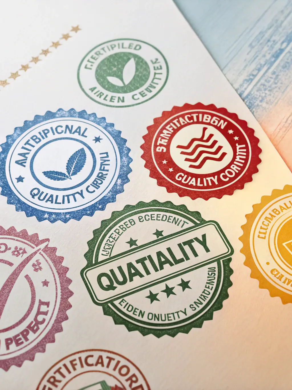 A collage showcasing the logos of ISO certification bodies alongside images of quality control checks being performed on epoxy-wood tables in various factories.