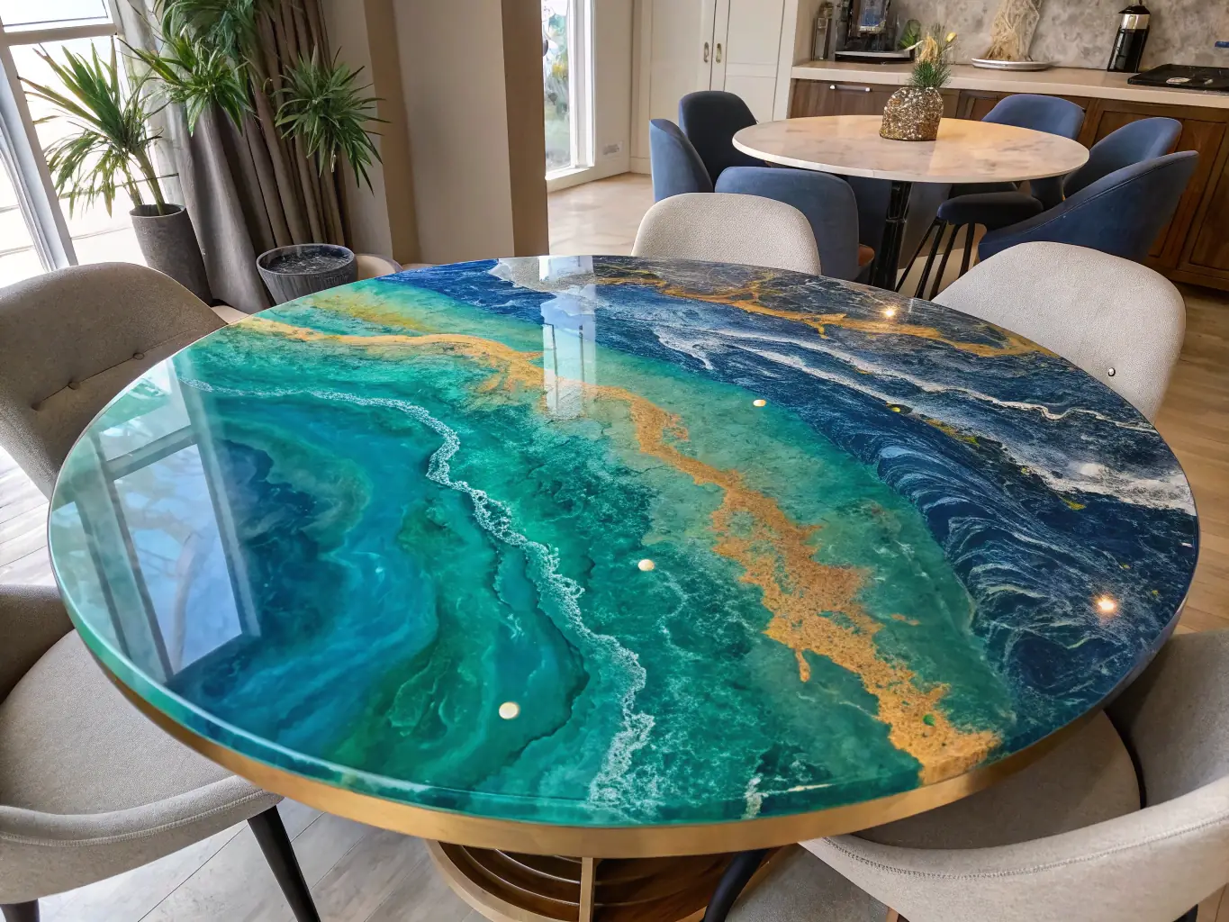 A photograph of various epoxy-wood table samples, showcasing different wood types, resin colors, and finishing techniques available through Resin Table Factory's free sample program.