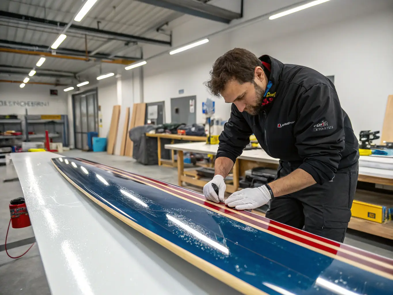 An interior shot of a California epoxy resin factory, highlighting the craftsmanship involved in creating a custom epoxy-wood table. Artisans are carefully pouring resin into a mold.