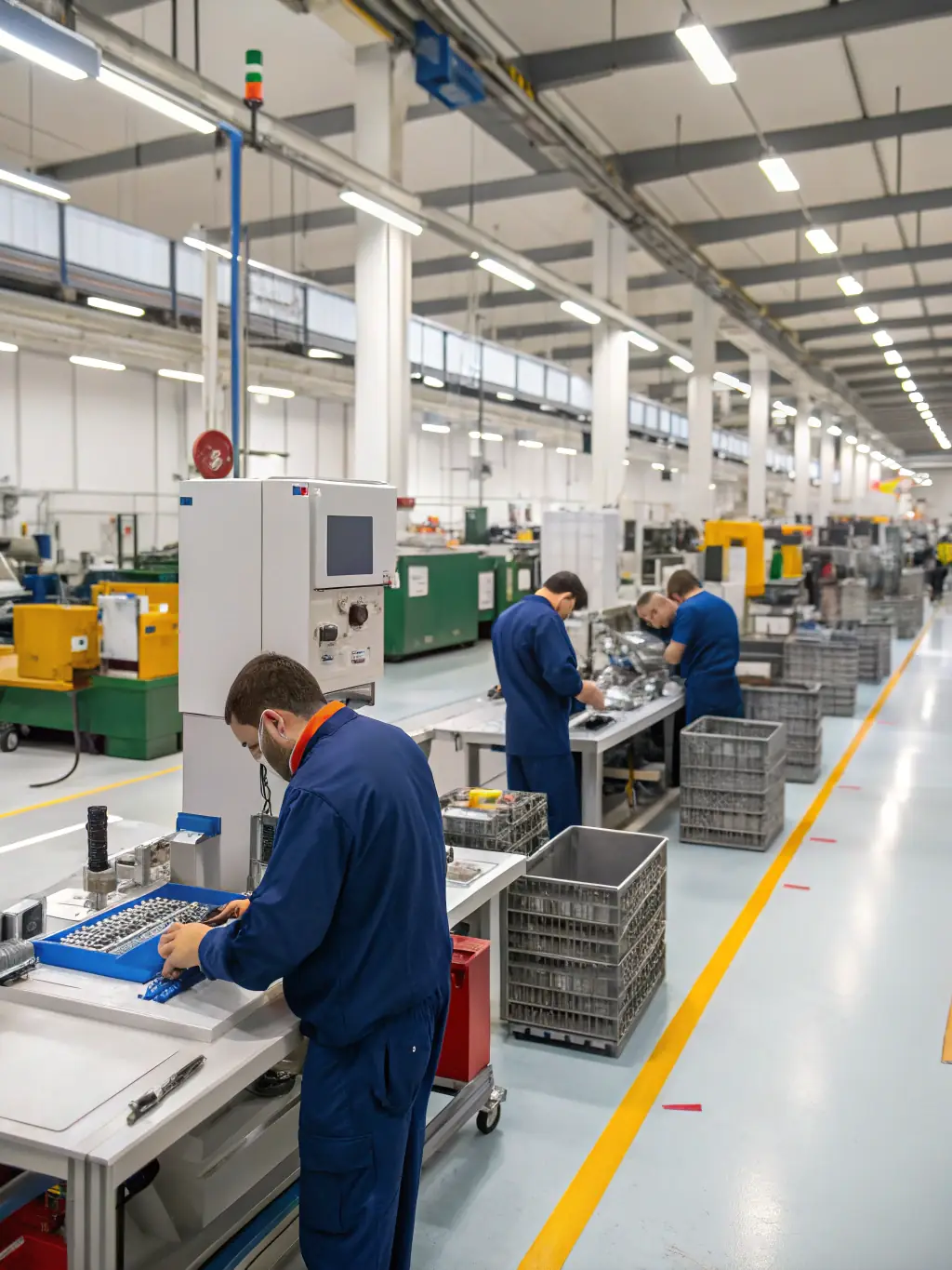 A photograph of a factory floor showcasing the production of epoxy-wood tables, highlighting the scalability and efficiency of the OEM/ODM solutions offered by Resin Table Factory.