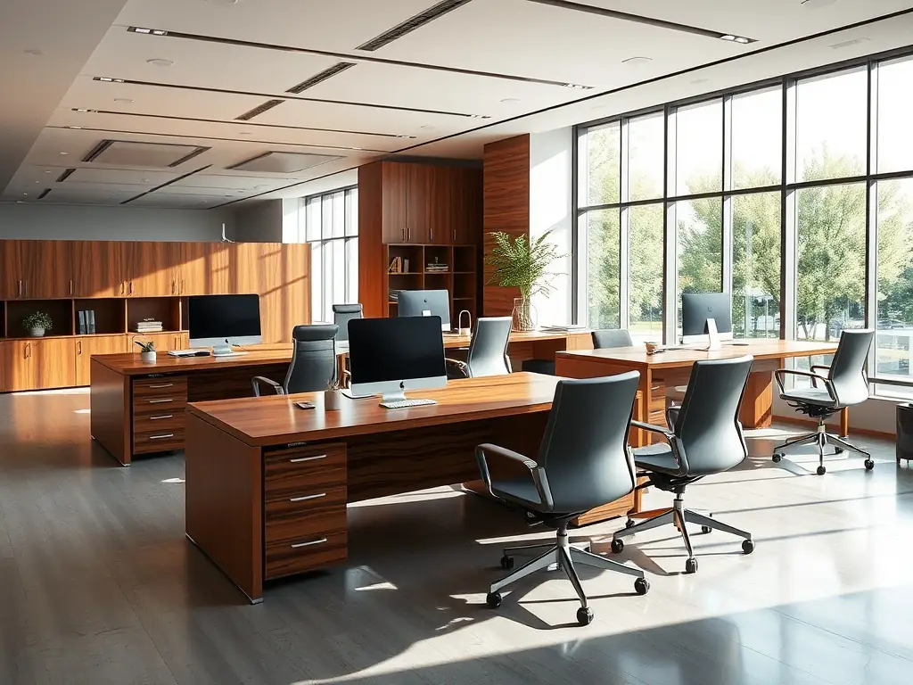 A close-up shot of a custom-designed epoxy-wood conference table with embedded company logos in the resin, placed in a modern office setting. The table is surrounded by executive chairs and office equipment.