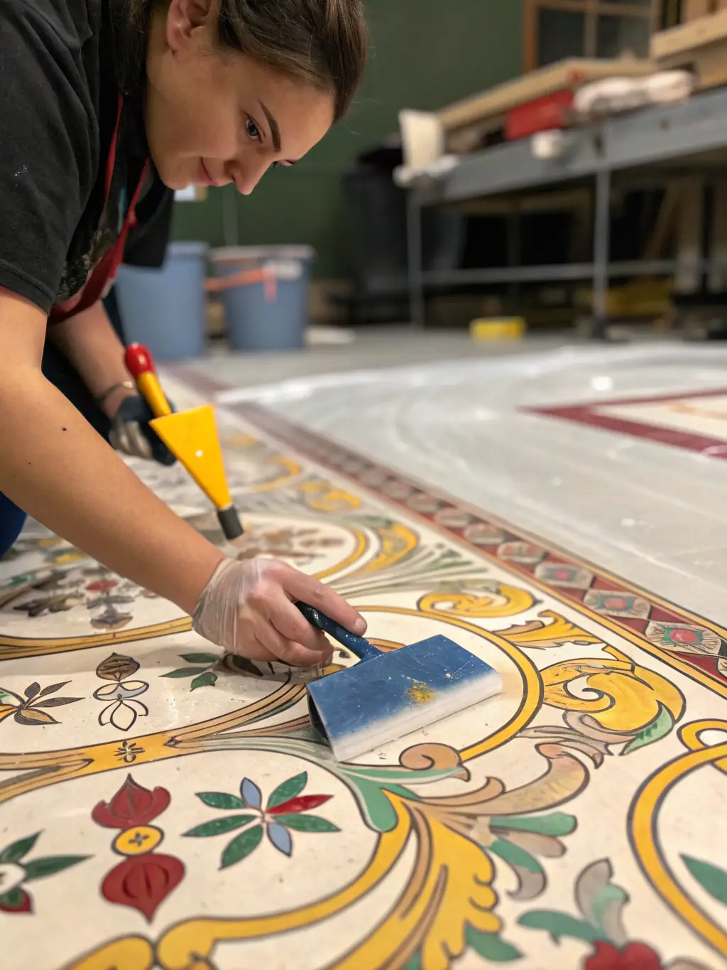 A close-up shot of skilled artisans in a California-based factory meticulously pouring epoxy resin into a custom-designed wooden table mold, highlighting the precision and artistry involved in the process.