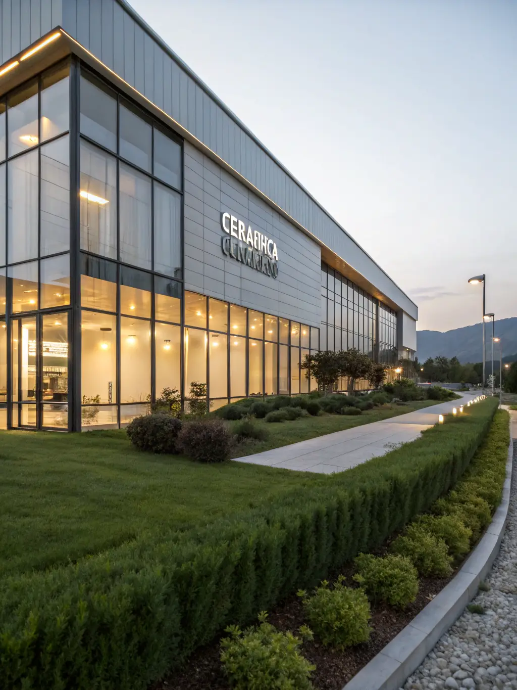 A wide shot of the exterior of a modern, ISO-certified furniture factory in Italy, showcasing its clean lines, large windows, and surrounding greenery. The factory specializes in crafting high-end epoxy-wood tables.