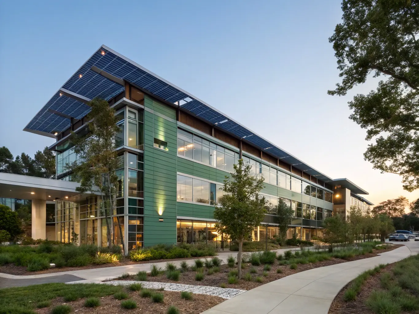 A wide shot of the exterior of a modern, eco-friendly epoxy resin factory in California, showcasing solar panels on the roof and a lush green landscape surrounding the building.
