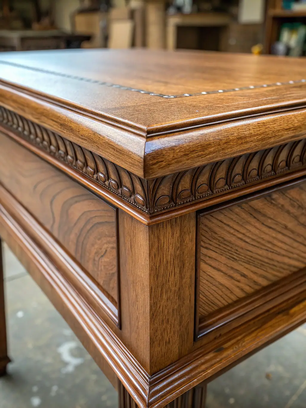 A close-up shot of an epoxy-wood table showcasing the intricate details of the wood grain and the clear, glossy epoxy resin, highlighting the natural beauty and craftsmanship.
