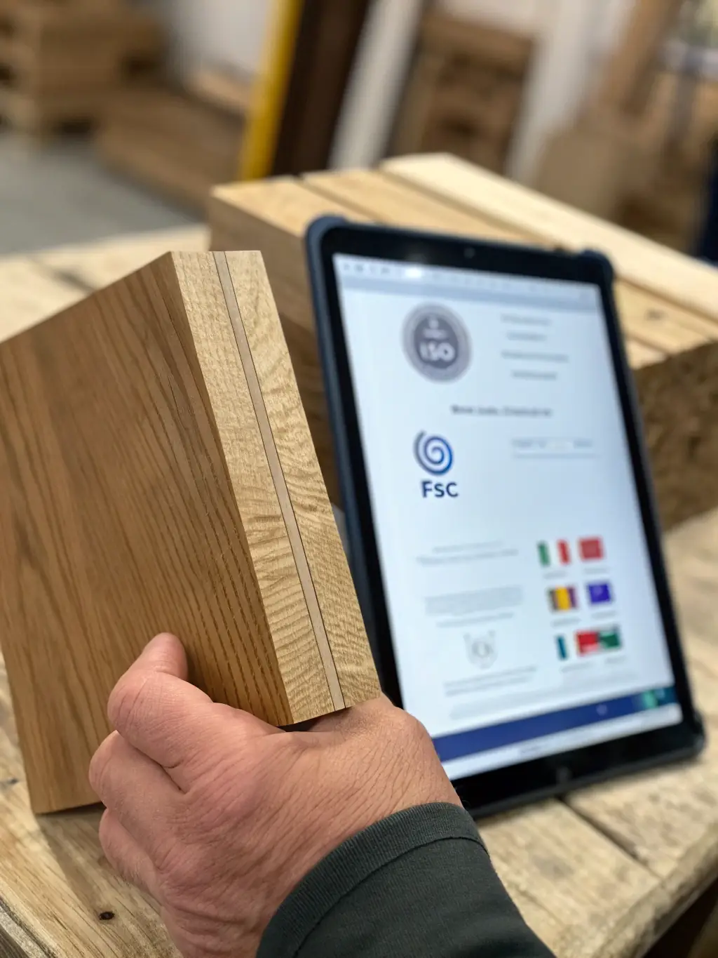 A close-up shot of a hand holding a wood sample with a clear epoxy finish, showcasing the quality and craftsmanship available through Resin Table Factory's free sample program.