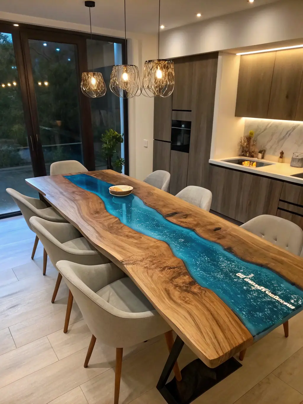 A 3D rendering of a custom-designed epoxy-wood table, showcasing the ability to tailor the size, shape, and materials to meet specific client requirements.