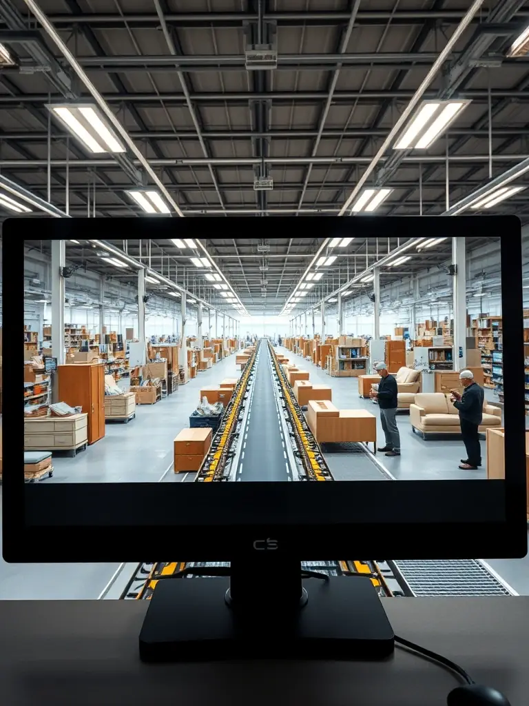 An interior shot of a large, well-organized furniture factory in Vietnam, showcasing rows of workers assembling epoxy-wood tables with precision and efficiency. The factory adheres to strict ISO standards.