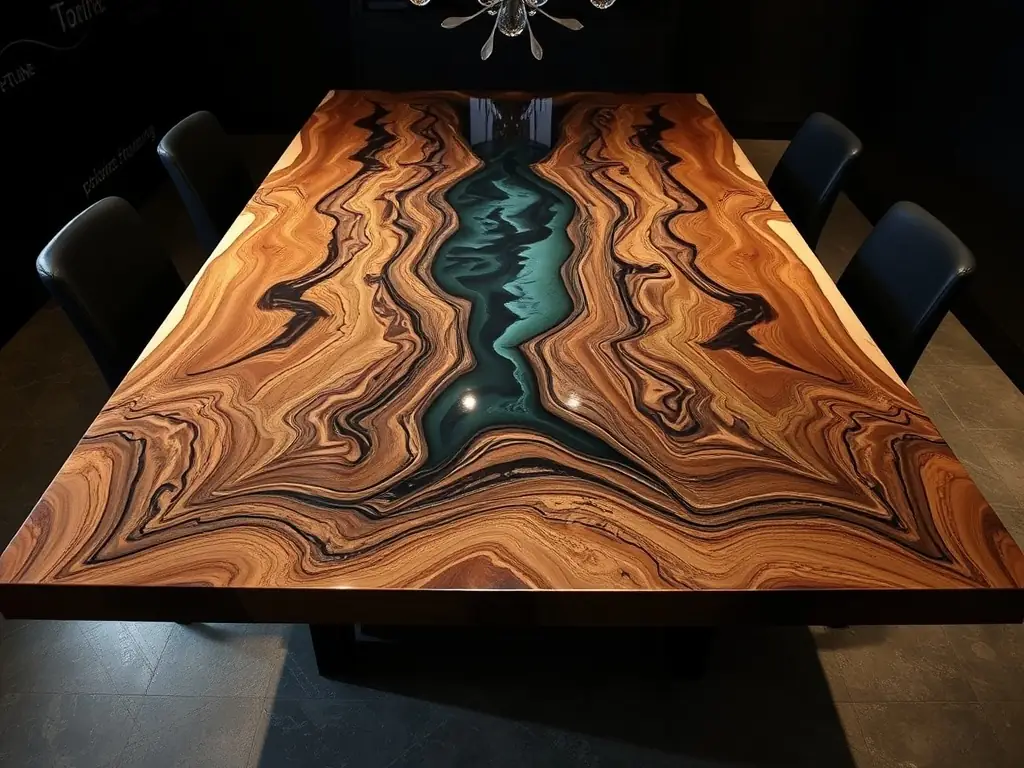 A high-resolution image showcasing a live-edge walnut epoxy table with a clear blue resin river running through it, set in a modern showroom. The table is surrounded by stylish chairs and contemporary decor.