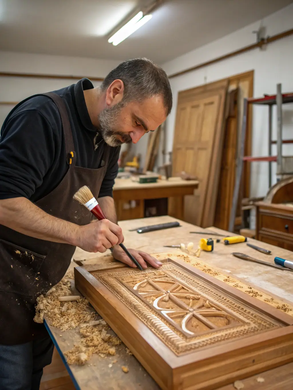 A photograph of a craftsman carefully pouring epoxy resin into a wooden mold, demonstrating the meticulous process and attention to detail involved in creating each table.