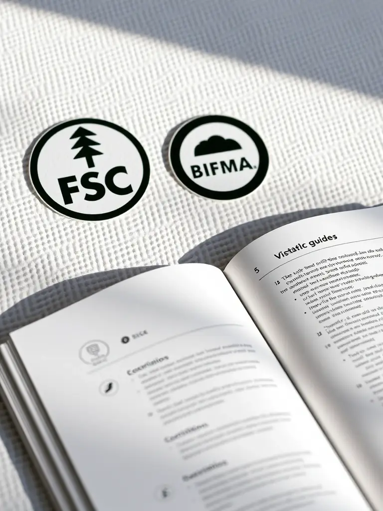 An image of a BIFMA certification badge displayed prominently on a piece of epoxy-wood furniture, emphasizing the commitment to quality and safety standards.